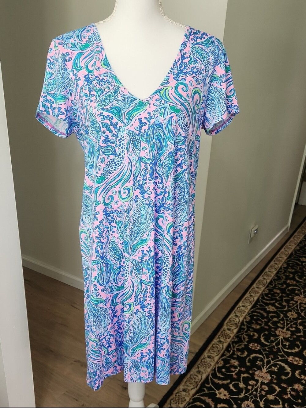Lilly Pulitzer Etta Short Sleeve V-Neck Dress L We Mermaid It Pima Cotton Large - Picture 3 of 14